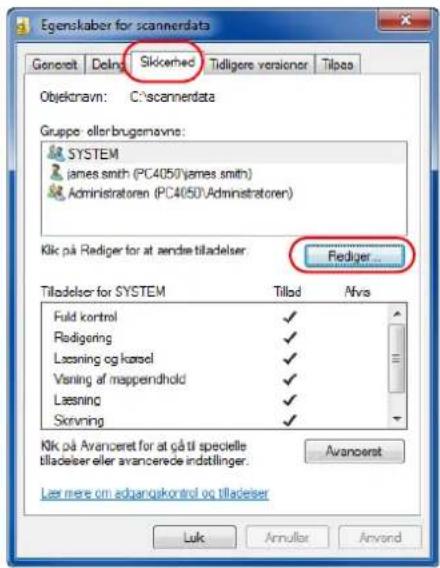Egenskaber for scannerdata Genoret Deling Sikkerhed Tidligers versioner Tilpas Objeknavn: C:\scannerdata Gruppe eller brugomavne: SYSTEM james smith (PC4050\james smith) Administratoren (PC4050\Administratoren) Kik på Rediger for at ændes tiladelser Fediger... Tiladelser for SYSTEM Tillad Afva Fuld kontrol ✓ Flodigering ✓ Læsning og kørsel ✓ Væning af mapperindhold ✓ Læsning ✓ Skrøvning ✓ Kik på Avanceret for at gå til specielle tilladelser eller avancerede indstillinger. Avancerst Lær mere om adgangkontrol og tilladelser Luk Annullar Anvond