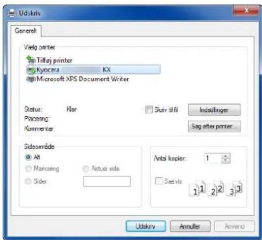 Udskriv Generelt Vælg printer Tilføj printer Kyocera KX Microsoft XPS Document Writer Status: Hør Placing: Kommenter Skiv til fi Indstillinger Sag efter printer... Sidoområde Alt Markring Aktuel aide Sider Antal kopier: 1 Sect via Udskriv Annulier Annend