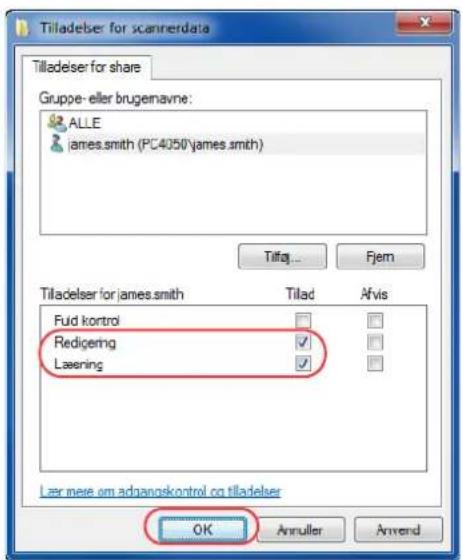 Tilladelser for scannerdata Tilladelser for share Gruppe- eller brugemavne: ALLE james.smith (PC4050\james.smith) Tilag... Fjem Tilladelser for james.smith Fuid kortrol Redigering Læsning Tilad Afvis Lær mese om adgangskontrol og tilladelser OK Annuller Anvend