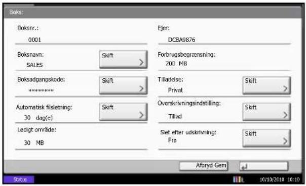 Boks: Boksnr.: 0001 Boksnavn: SALES Boksadgangskode: * * * * * * * Automatisk fisleming: 30 dag(<) Ledigt område: 30 MB Ejer: DCBA9876 Forbrugsbograznsning: 200 MB Tilladelse: Privat Skift Overskrivningsindstilling: Tillad Skift Slet efter udskrivning: Fre Skift Afbryd Gem Status 10/10/2019 10:10