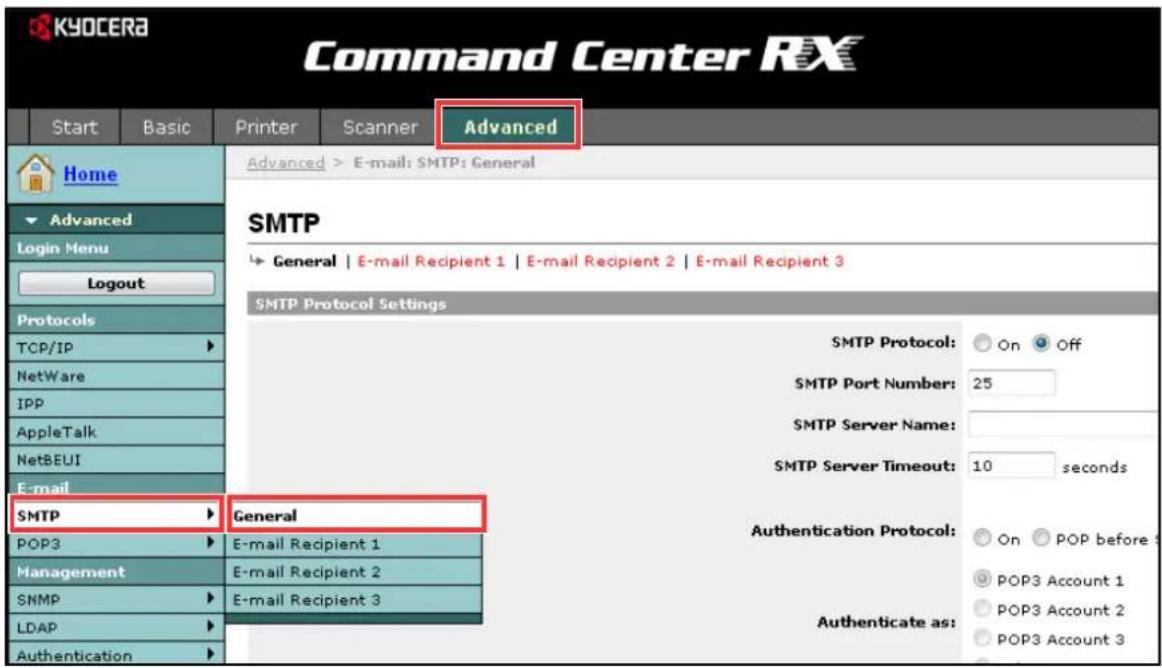 KYOCERA Command Center RX Start Basic Printer Scanner Advanced Home Advanced > E-mail: SMTP: General Advanced Login Menu Logout Protocols TCP/IP NetWare IPP AppleTalk NetBEUI E-mail SMTP General POP3 E-mail Recipient 1 Management E-mail Recipient 2 SNMP E-mail Recipient 3 LDAP Authentication SMTP General SMTP Protocol Settings SMTP Protocol: On Off SMTP Port Number: 25 SMTP Server Name: SMTP Server Timeout: 10 seconds Authentication Protocol: On POP before 1 POP3 Account 1 POP3 Account 2 POP3 Account 3