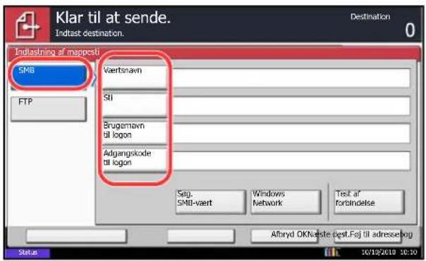 Klar til at sende. Indtast destination. Destination 0 Indtastning af mapestil SMB Viertsnavn Sli Brugamavn til logon Adgangskode til logon Sag. SMB-vaert Windows Network Test af forbindelse Afbryd OKNviste (opt.Fej) til adressekog Status 10/19/2019 10:30