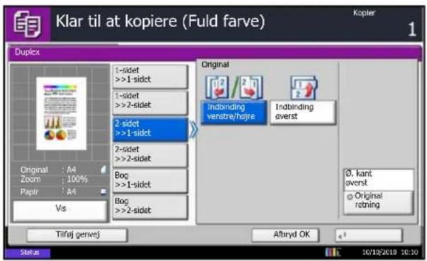Klar til at kopiere (Fuld farve) Duplex Original Indbinding ventre/højre Indbinding øverst Original øverst Original rotning 1-sidet >>1-sidet 1-sidet >>2-sidet 2-sidet >>1-sidet 2-sidet >>2-sidet Bog >>1-sidet Bog >>2-sidet Original Zoom: 100% Papir: A4 Vis Tilfaj genvej Albryd OK Status Ø. kant øverst Original rotning 10/19/2019 10:30