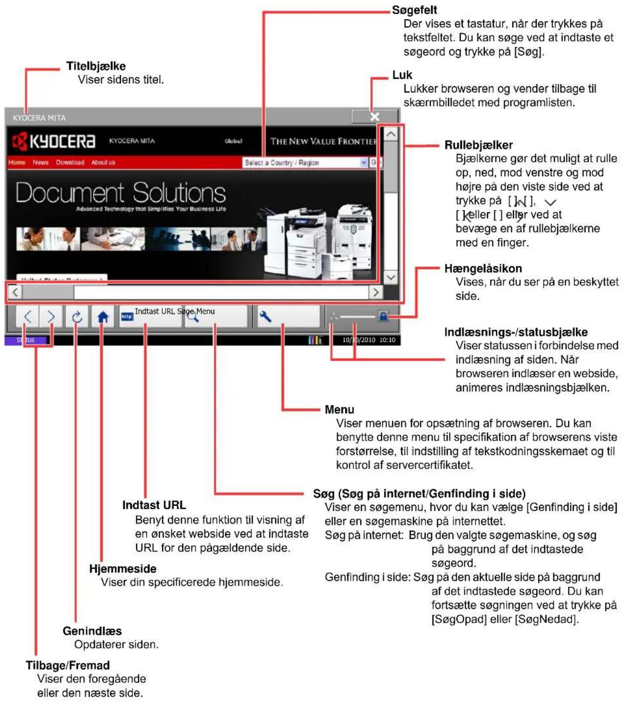 Titelbjælke Viser sidens titel. KYOCERA MITA KYOCERA KYOCERA MITA Global THE NEW VALUE FRONTIER Home News Download About us Select a Country / Region Document Solutions Advanced Technology that Simplifies Your Business Life Søgefelt Der vises et tastatur, når der trykkes på tekstfeltet. Du kan søge ved at indtaste et søgeord og trykke på [Søg]. Luk Lukker browseren og vender tilbage til skæmbilledet med programlisten. Rullebjælker Bjælkerne gør det muligt at rulle op, ned, mod venstre og mod højre på den viste side ved at trykke på [ ]N[ , √ [ ]eller [ ] eller ved at bevæge en af rullebjælkerne med en finger. Hængelåsikon Vises, når du ser på en beskyttet side. Indtast URL Søge Menu 10/10/2010 10:10 Indlæsnings-/statusbjælke Viser statussen i forbindelse med indlæsning af siden. Når browseren indlæser en webside, animeres indlæsningsbjælken. Menu Viser menuen for opsætning af browseren. Du kan benytte denne menu til specifikation af browserens viste forstørrelse, til indstilling af tekstkodningsskemaet og til kontrol af servercertifikatet. Søg (Søg på internet/Genfinding i side) Viser en søgemenu, hvor du kan vælge [Genfinding i side] eller en søgemaskine på internettet. Søg på internet: Brug den valgte søgemaskine, og søg på baggrund af det indtastede søgeord. Genfinding i side: Søg på den aktuelle side på baggrund af det indtastede søgeord. Du kan fortsætte søgningen ved at trykke på [SøgOpad] eller [SøgNedad]. Hjemmeside Viser din specificerede hjemmeside. Genindlæs Opdaterer siden. Tilbage/Fremad Viser den foregående eller den næste side.