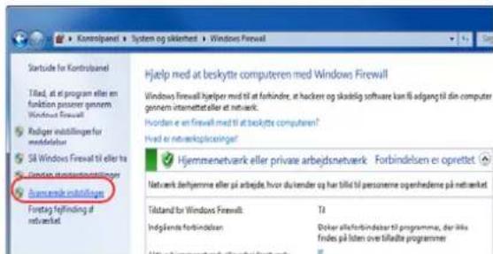 Kontrolpanel System og siklerhet Windows Firewall Startside for Kontrolpanel Tilted, at it program eller en funktion passener gennem Windows Firewall Rødiger indistningen for meddeletur Så Windows Firewall til eller ta Jorden meddeletur og forerbeidning Førterg fjelnding af indveket. Hjælp med at beskytte computeren med Windows Firewall Windows firewall hjælp med til at forhøndre, at hackren og skadlig software kan fi adgang til din computer geinnem internættet eller at netveerk. Hvorden er en firewall med til at beskytte computen? Hvrd er netveksplicering! Hjemmenetværk eller privare arbedsnetværk Forbindelsen er oprettet Netveerk delhjemme eller på arbepde hvor du tender og har tillid til personerne ophenhedene på netveket Tildtand br Windows Firewall Indgårende forbindelsen Boker alleforbindelsar til programme, der likse findes på listen over tillade programmer