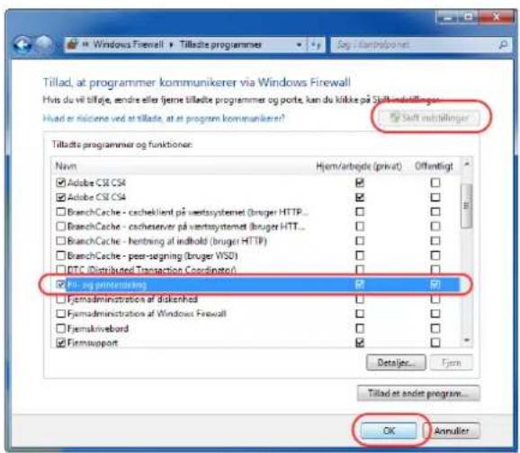 Tillad, at programmer kommunikerer via Windows Firewall Hvis du vi tilfje, endre eller fjerne tilladte programmer og porte, kan du klikke på Stift avstillinger Hvad er risidene ved at tillade, at at program kommunikerer? Shift avstillinger Tiltadte programmer og funktioner: Navn Hjem/arbujde (privat) Offentligt Adobe CS4 CS4 Adobe CS4 CS4 BranchCache - cocheklent på vertssystemet (bruger HTTP... BranchCache - cocheserver på vertssystemet (bruger HTTP... BranchCache - hentring af indhold (bruger HTTP) BranchCache - peer-signing (bruger VSD) ETC (Distributed Transaction Coordinated) PI - og printderling Fjernadministration af diskenhed Fjernadministration af Windows Firewall Fjernkrivebord Fjernsupport Details... Fjern Tilad at ander program... OK Annulier