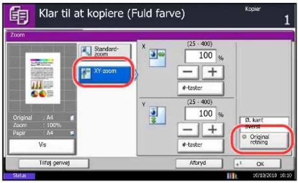 Klar til at kopiere (Fuld farve) Kopier 1 Zoom Standard- zoom XY zoom Original : A4 Zoom : 100% Papir : A4 Vis X (25 - 400) 100 % #-taster Y (25 - 400) 100 % #-taster Ø, kant overall Original retiling Tilraj gevej Alteryd OK Status 10/10/2019 10:10