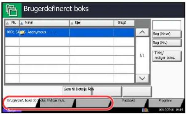 Brugerdefineret boks Nr. Navn Ejer Brugt 0001 SAMS Anonymous ---- Seg (Navn) Seg (Nr.) Tilfaj/ rediger boks. Gem fil Detaje Åch Brugerdef. boks jobboks Flytsbar huk. Faxboks Program Status 10/19/2010 10:13