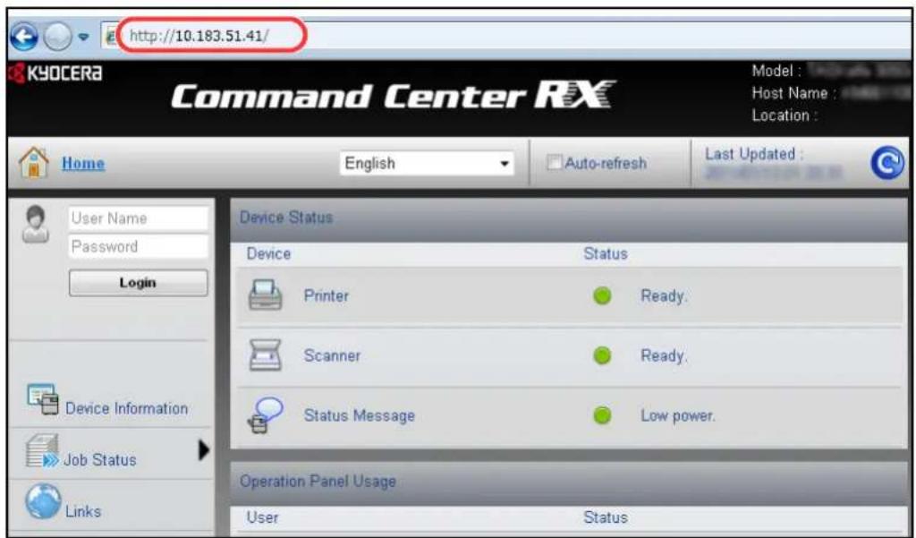 http://10.183.51.41/ Command Center RX Model : Host Name : Location : Home English Auto-refresh Last Updated : User Name Password Login Device Status Device Status Printer Ready. Scanner Ready. Status Message Low power. Operation Panel Usage User Status