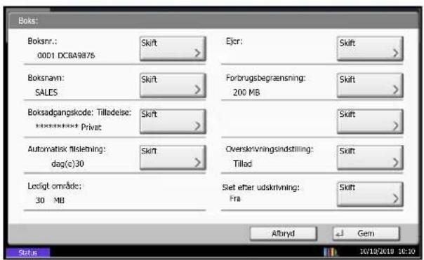 Boks: Boksnr: Skift 00D1 DCBA9875 Boknavn: Skift SALES Boksadgangskode: Tilladelse: Skift ********** Privat Automatisk flisleming: Skift dag(c)30 Lesigt område: 30 MB Ejcr: Skift Forbrugsbegrænsning: Skift 200 MB Overskrivningsindstilling: Skift Tillad Set efter udkrivning: Skift Fra Altbyd Gem Status 10/19/2019 10:10