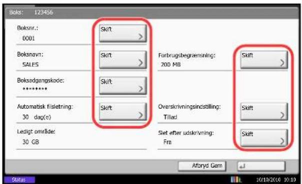 Boks: 122456 Boksnr.: Skift 0001 Boksnavn: Skift SALES Forbrugsbegrænsning: 200 MB Boksadgangskode: Skift ******** Automatisk fisletning: Skift 30 dag(x) Overskrivningsindstilling: Tillad Slet efter udskrivning: Fra Ledigt omrlåde: 30 GB Skift Skift Skift Skift Aftond Gem Status 10/19/2010 10:19