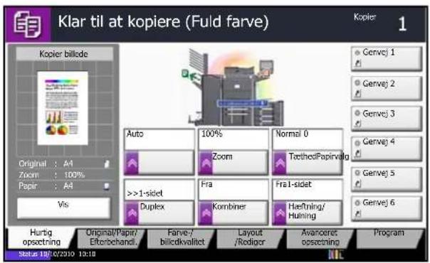 Klar til at kopiere (Fuld farve) Kopier 1 Kopier bilisde Original : A4 Zoom : 100% Papir : A4 Vis Auto 100% Zoom Normal 0 Tacthed/Fapinvalg >>1-sidet Duplex Fra Kombiner Fra1-sidet Heftning/ Hulning Hurtig opsetning Original/Papir/ Efterbehandl. Farve/ billedkvalitet Layout /Rodiger Avanceret opsetning Program Status 18/0/2010 13:18