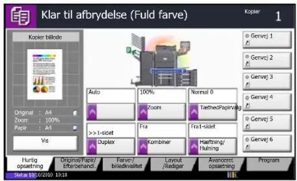 Klar til afbrydelse (Fuld farve) Kopier 1 Kopier bilikde Original : A4 Zoom : 100% Papir : A4 Vis Auto 100% Zoom Normal 0 TaetnedPapirValg >>1-sidet Fra Fra1-sidet Duplex Kombiner Haetning/ Huling Hurtig opsætning Original/Papir/ Efterbehand Farve/ billedkvalitet Layout /Rediger Avancoret opsætning Program Status 10/01/2010 10:10