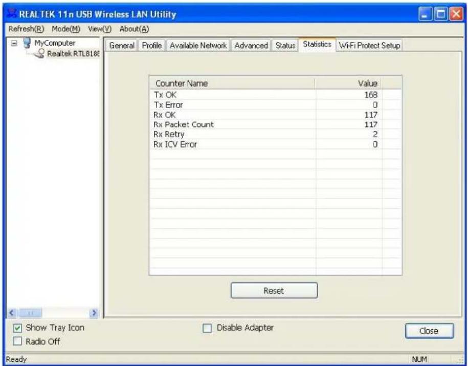 REALTEK 11n USB Wireless LAN Utility Refresh(R) Mode(M) View(V) About(A) MyComputer Realtek RTL8186 General Profile Available Network Advanced Status Statistics WiFi Protect Setup Counter Name Value Tx OK 168 Tx Error 0 Rx OK 117 Rx Packet Count 117 Rx Retry 2 Rx ICV Error 0 Reset Show Tray Icon Dis…