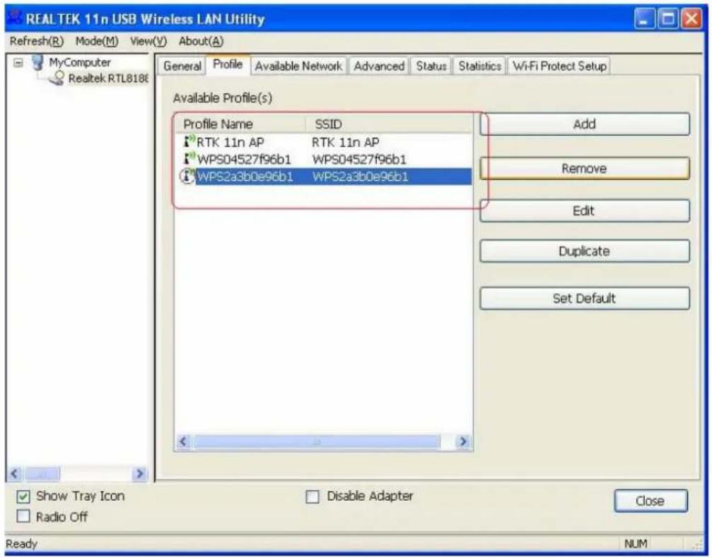 REAL TEK 11n USB Wireless LAN Utility Refresh(R) Mode(M) View(V) About(A) MyComputer Realtek RTL8186 General Profile Available Network Advanced Status Statistics Wi-Fi Protect Setup Available Profile(s) Profile Name SSID RTK 11n AP RTK 11n AP WPS04527f96b1 WPS04527f96b1 WPS2a3b0e96b1 WPS2a3b0e96b1 A…