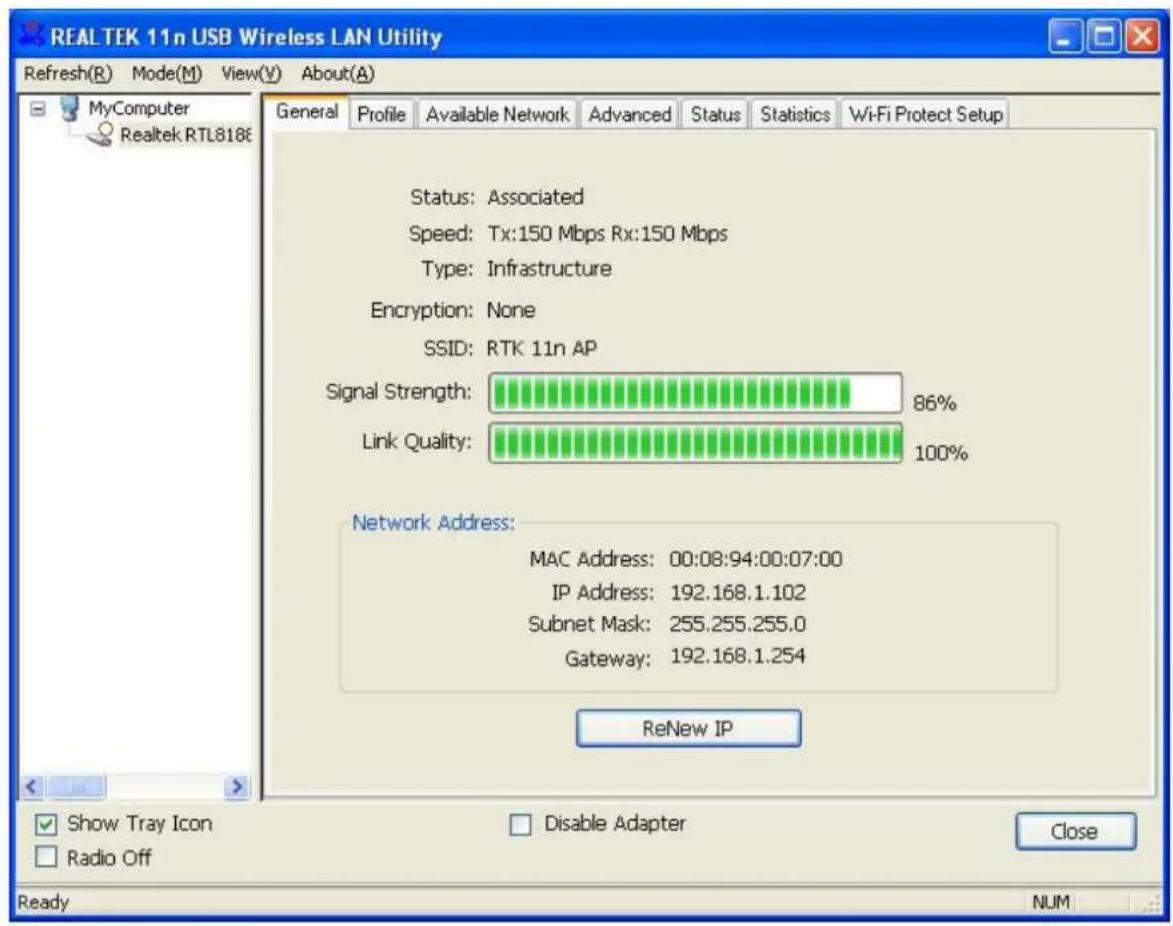 REALTEK 11n USB Wireless LAN Utility Refresh(R) Mode(M) View(V) About(A) General Profile Available Network Advanced Status Statistics Wi-Fi Protect Setup MyComputer Realtek RTL8186 Status: Associated Speed: Tx:150 Mbps Rx:150 Mbps Type: Infrastructure Encryption: None SSID: RTK 11n AP Signal Strengt…