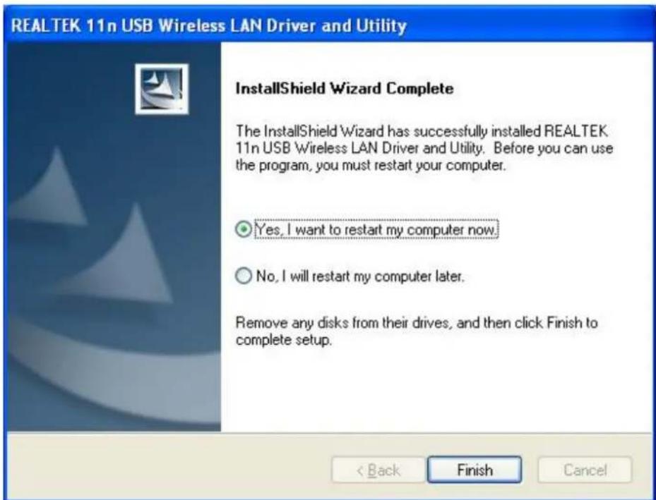 REALTEK 11n USB Wireless LAN Driver and Utility InstallShield Wizard Complete The InstallShield Wizard has successfully installed REALTEK 11n USB Wireless LAN Driver and Utility. Before you can use the program, you must restart your computer. Yes, I want to restart my computer now. No, I will restar…