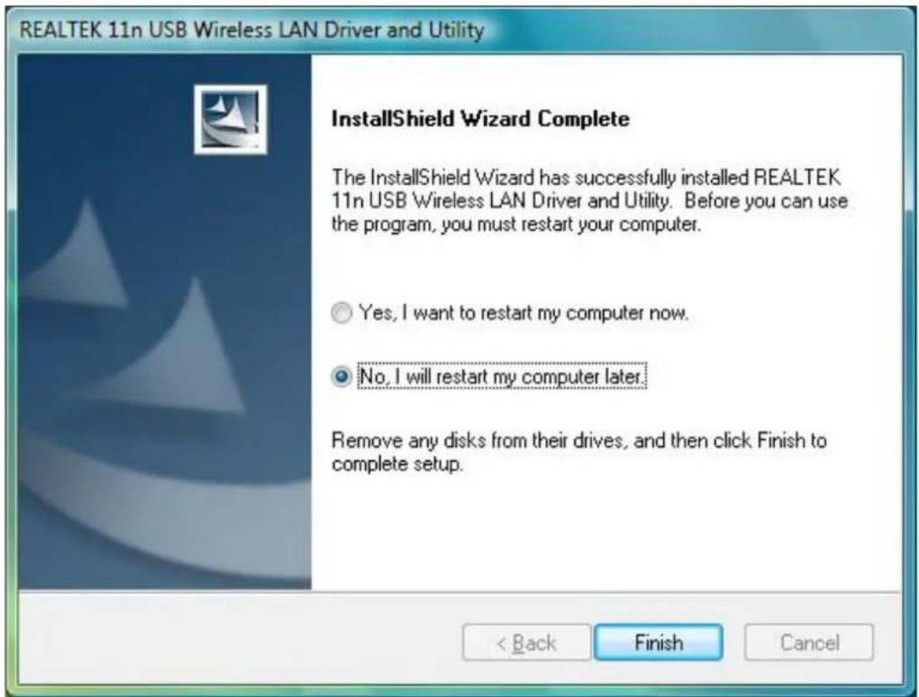 REALTEK 11n USB Wireless LAN Driver and Utility InstallShield Wizard Complete The InstallShield Wizard has successfully installed REALTEK 11n USB Wireless LAN Driver and Utility. Before you can use the program, you must restart your computer. Yes, I want to restart my computer now. No, I will restar…