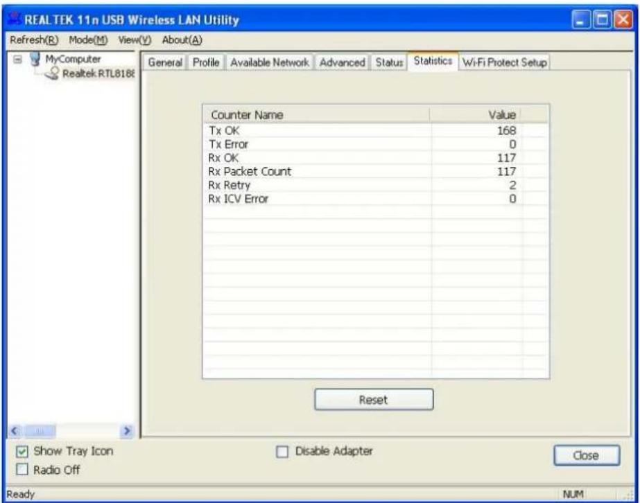 REAL TEK 11n USB Wireless LAN Utility Refresh(R) Mode(M) View(V) About(A) MyComputer Realtek RTL8186 General Profile Available Network Advanced Status Statistics Wi-Fi Protect Setup Counter Name Value Tx OK 168 Tx Error 0 Rx OK 117 Rx Packet Count 117 Rx Retry 2 Rx ICV Error 0 Reset Show Tray Icon R…