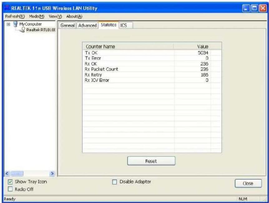 REALTEK 11n USB Wireless LAN Utility Refresh(E) Mod(M) View(V) About(A) MyComputer Realtek RTL8L8E General Advanced Statistics ICS Counter Name Value Tx OK 5034 Tx Error 0 Rx OK 235 Rx Packet Count 235 Rx Retry 165 Rx JCV Error 0 Reset Show Tray Icon Disable Adapter Close Radio Off Ready NUM