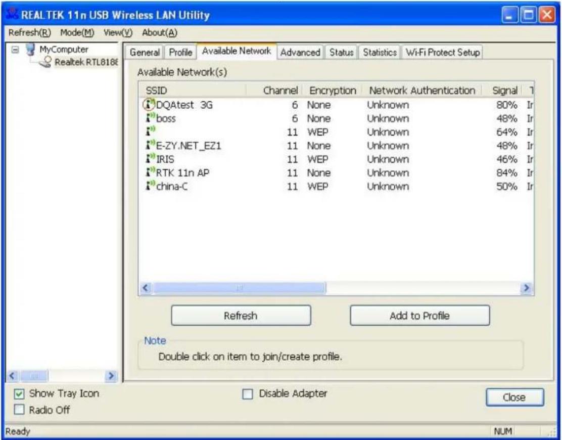REALTEK 11n USB Wireless LAN Utility Refresh(R) Mode(M) View(V) About(A) MyComputer Realtek RTL8186 General Profile Available Network Advanced Status Statistics Wi-Fi Protect Setup Available Network(s) SSID Channel Encryption Network Authentication Signal DQAtest 3G 6 None Unknown 80% Ir boss 6 None…