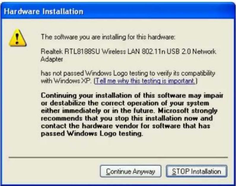 Hardware Installation The software you are installing for this hardware: Realtek RTL8188SU Wireless LAN 802.11n USB 2.0 Network Adapter has not passed Windows Logo testing to verify its compatibility with Windows XP. (Tell me why this testing is important.) Continuing your installation of this softw…