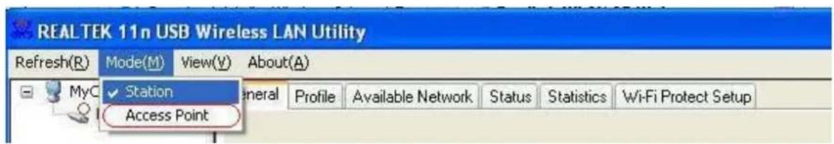 REALTEK 11n USB Wireless LAN Utility Refresh(R) Mode(M) View(V) About(A) MyC Station General Profile Available Network Status Statistics Wi-Fi Protect Setup Access Point