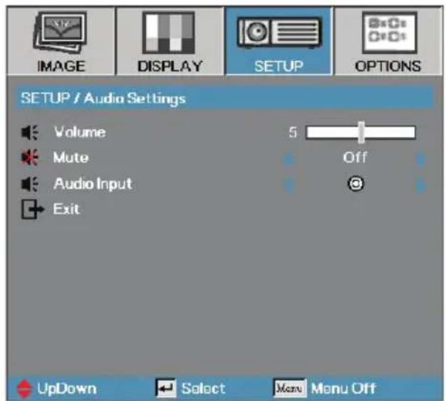 IMAGE DISPLAY SETUP OPTIONS SETUP / Audio Settings Volume Mute Audio Input Exit 5 Off UpDown Select Menu Menu Off