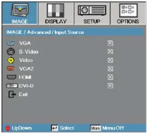 IMAGE / Advanced / Input Source VGA S-Video Video VGA2 HDMI DVI-D Exit UpDown Select Max Menu Off