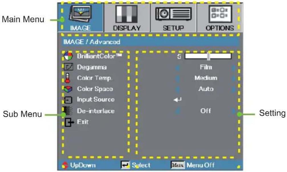Main Menu IMAGE DISPLAY SETUP OPTIONS IMAGE / Advanced BrilliantColor™ Degamma Color Temp. Color Space Input Source De-interlace Exit 5 Film Medium Auto Off Setting UpDown Select Menu Menu Off