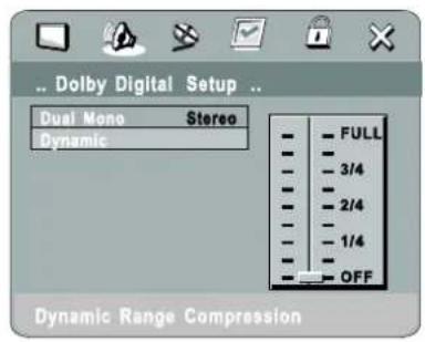 ... Dolby Digital Setup ... Dual Mono Stereo Dynamic FULL 3/4 2/4 1/4 OFF Dynamic Range Compression
