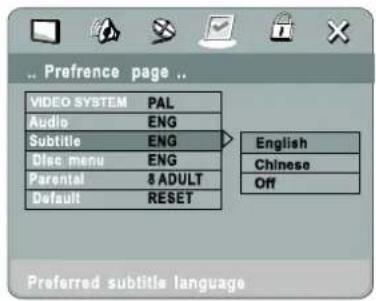 Preference page .. VIDEO SYSTEM PAL Audio ENG Subtitle ENG Disc menu ENG Parental 8 ADULT Default RESET English Chinese Off Preferred subtitle language