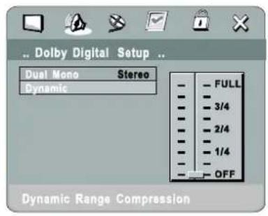 ... Dolby Digital Setup ... Dual Mono Stereo Dynamic FULL 3/4 2/4 1/4 OFF Dynamic Range Compression