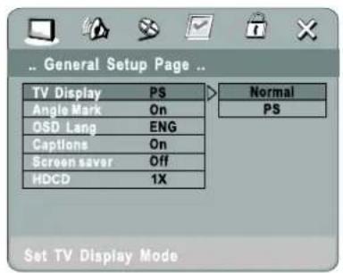 General Setup Page TV Display PS Angle Mark On QSD Lang ENG Captions On Screen saver Off HDCD 1X Normal PS Set TV Display Mode