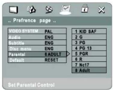 Preference page .. VIDEO SYSTEM PAL Audio ENG Subtitle ENG Disc menu ENG Parental 8 ADULT Default RESET 1 KID SAF 2 G 3 PG 4 PG 13 5 PGR 6 R 7 Nc17 8 Adult Set Parental Control