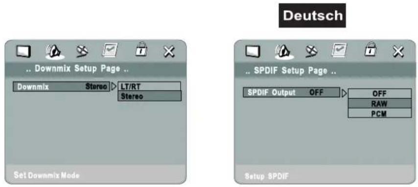 Deutsch Downmix Setup Page .. Downmix Stereo LT/RT Stereo Set Downmix Mode SPDIF Setup Page .. SPDIF Output OFF OFF RAW PCM Setup SPDIF