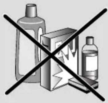 Black and white graphic with crossed-out symbols, depicting various consumer goods including bottles, boxes, and a warning symbol.
