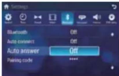 Settings Bluetooth Off Auto connect Off Auto answer Off Pairing code