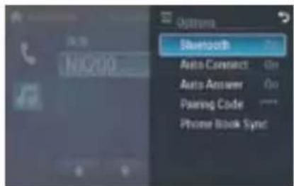 Options Bluetooth Auto Connect On Auto Answer On Pairing Code Phone Book Sync