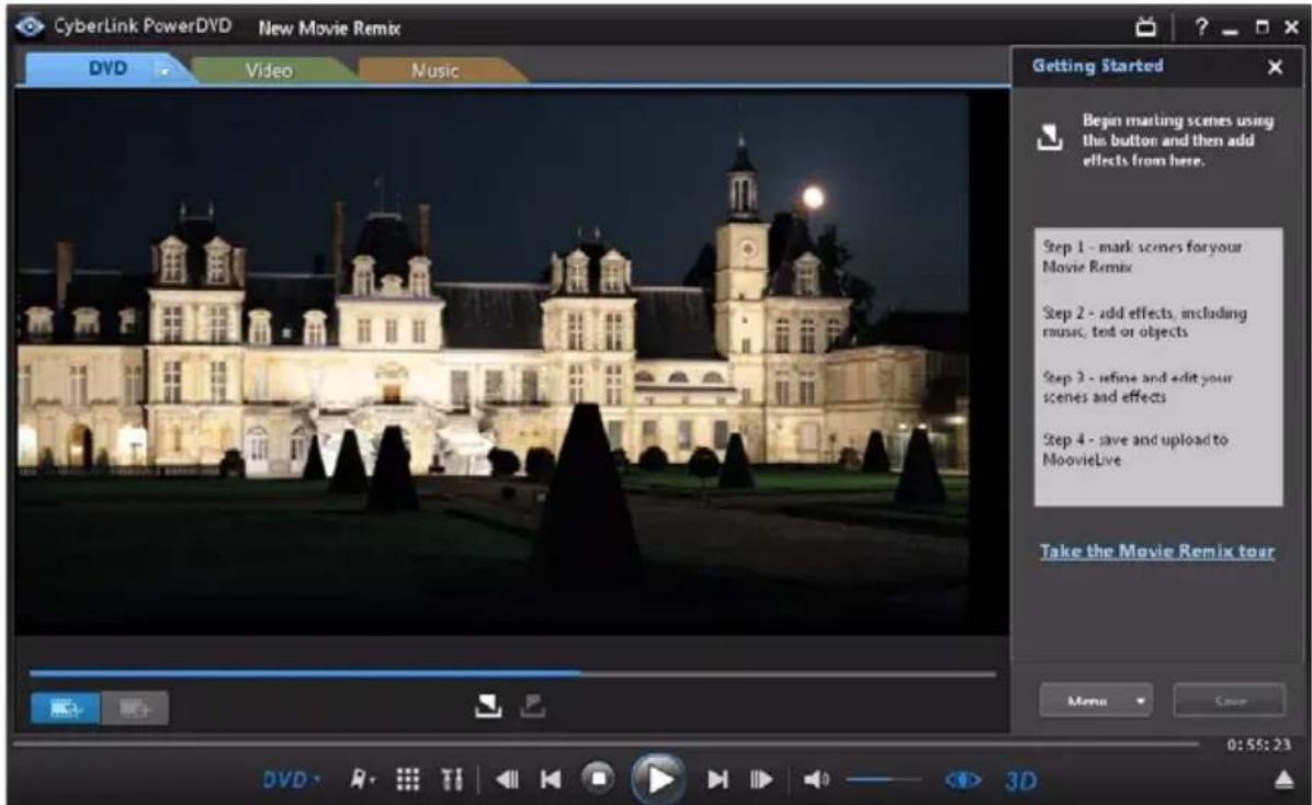 CyberLink PowerDVD New Movie Remix DVD Video Music Getting Started Begin marting scenes using the button and then add effects from here. Step 1 - mark scenes for your Movie Remix Step 2 - add effects, including music, text or objects Step 3 - refine and edit your scenes and effects Step 4 - save and upload to MoovieLive Take the Movie Remix tour Menu Save 0:55:23 DVD R T I H V I O V I V I V I V I V I V I V I V I V I V I V I V I V I V I V I V I V I V I V I V I V I V I V I V I V I V I V I V I V I V I V I V I V I V I V I V I V I V I V I V I V I V I V I V I V I V I V I V I V I V I V 3D
