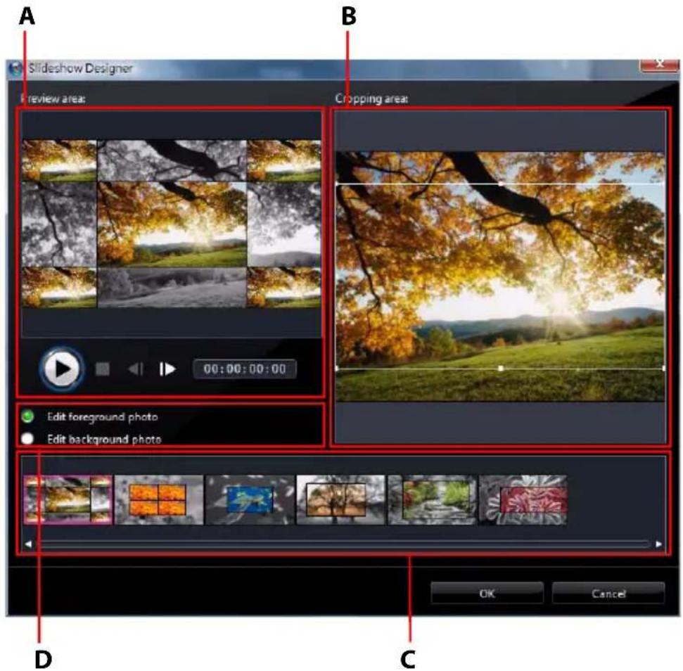 A Slideshow Designer B Review area: Cropping area: 00:00:00:00 Edit foreground photo Edit background photo OK Cancel D C