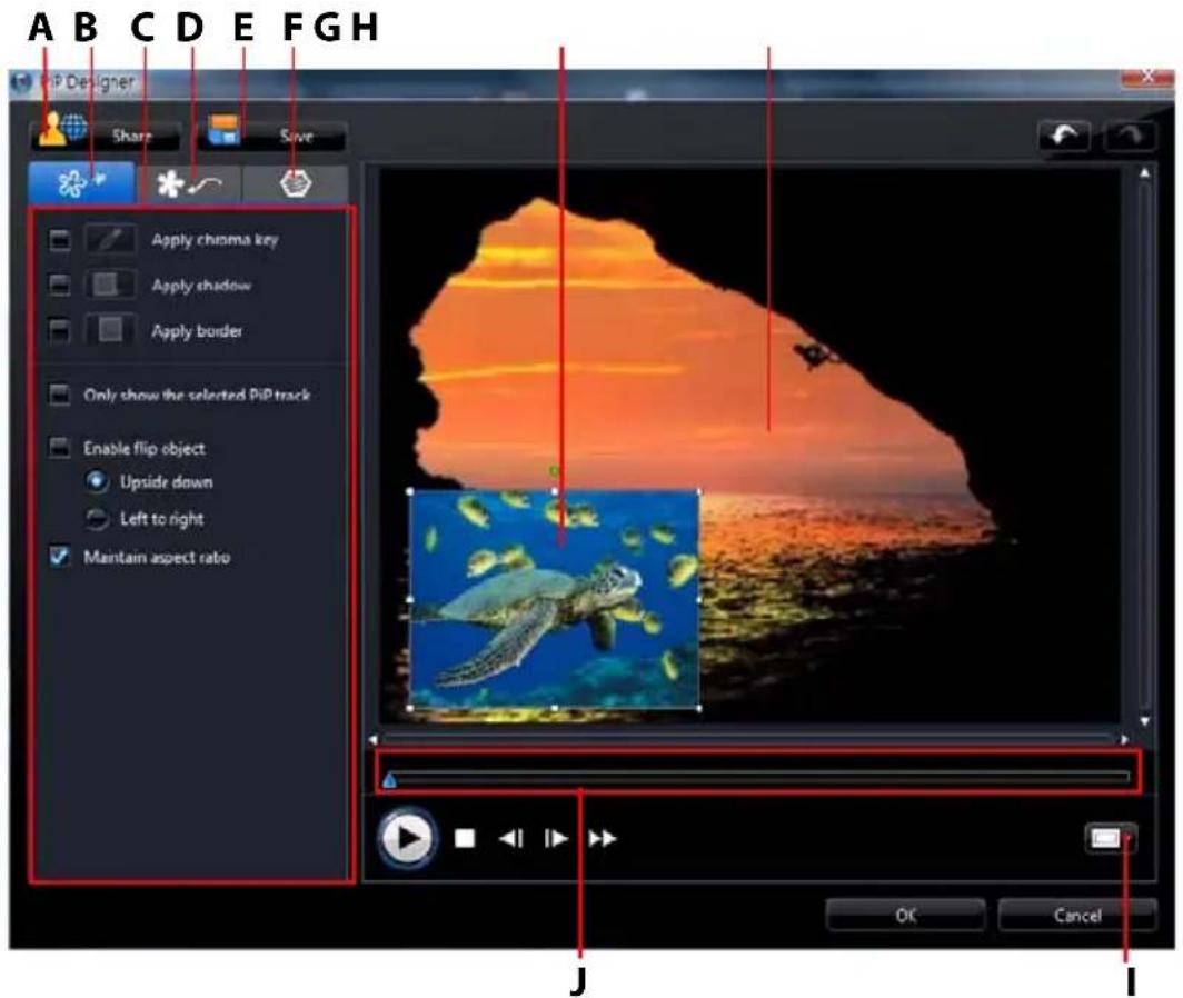 A B C D E F G H Pip Designer Share Save Apply chroma key Apply shadow Apply border Only show the selected PiP track Enable flip object Upside down Left to right Maintain aspect ratio OK Cancel