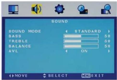 SOUND SOUND MODE STANDARD BASS 50 TREBLE 50 BALANCE 50 AVL ON MOVE SELECT MENU EXIT