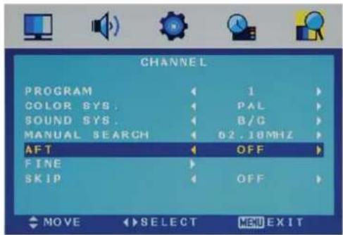 CHANNEL PROGRAM 1 COLOR SYS. PAL SOUND SYS. B/G MANUAL SEARCH 62.18MHz AFT OFF FINE SKIP OFF MOVE SELECT MENU EXIT