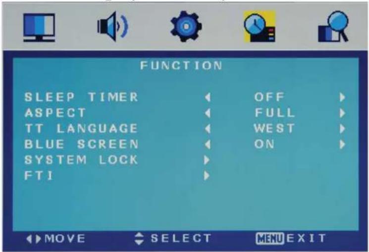 FUNCTION SLEEP TIMER OFF ASPECT FULL TT LANGUAGE WEST BLUE SCREEN ON SYSTEM LOCK FTI MOVE SELECT MENU EXIT