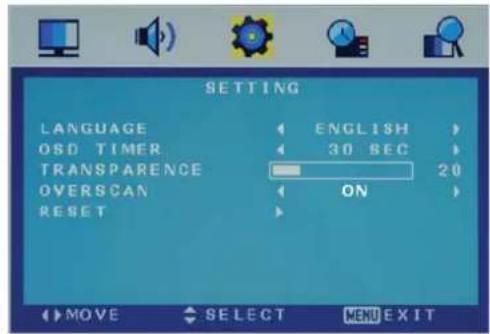 SETTING LANGUAGE ENGLISH OSD TIMER 30 SEC TRANSPARENCE 20 OVERSCAN ON RESET MOVE SELECT MENU EXIT