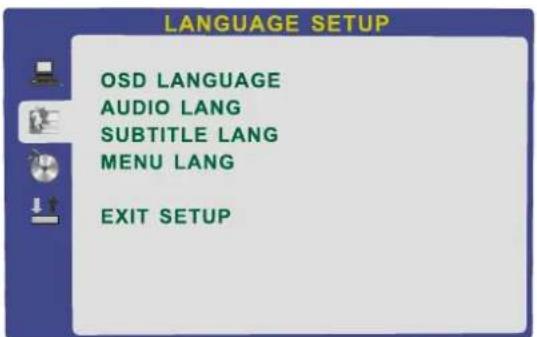 LANGUAGE SETUP OSD LANGUAGE AUDIO LANG SUBTITLE LANG MENU LANG EXIT SETUP