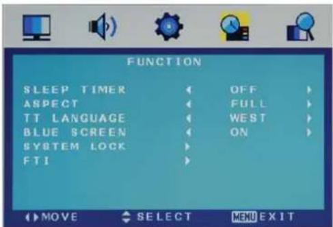 FUNCTION SLEEP TIMER OFF > ASPECT FULL > TT LANGUAGE WEST > BLUE SCREEN ON > SYSTEM LOCK > FTI