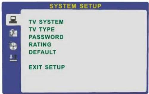 SYSTEM SETUP TV SYSTEM TV TYPE PASSWORD RATING DEFAULT EXIT SETUP
