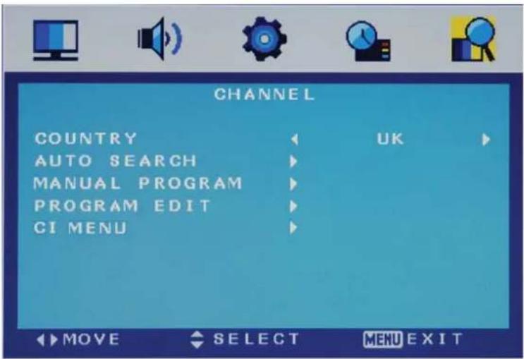 CHANNEL COUNTRY AUTO SEARCH MANUAL PROGRAM PROGRAM EDIT CI MENU UK MOVE SELECT MENU EXIT